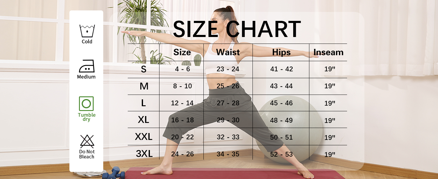 Size Chart of UEU Womens Lounge Capris with Pockets