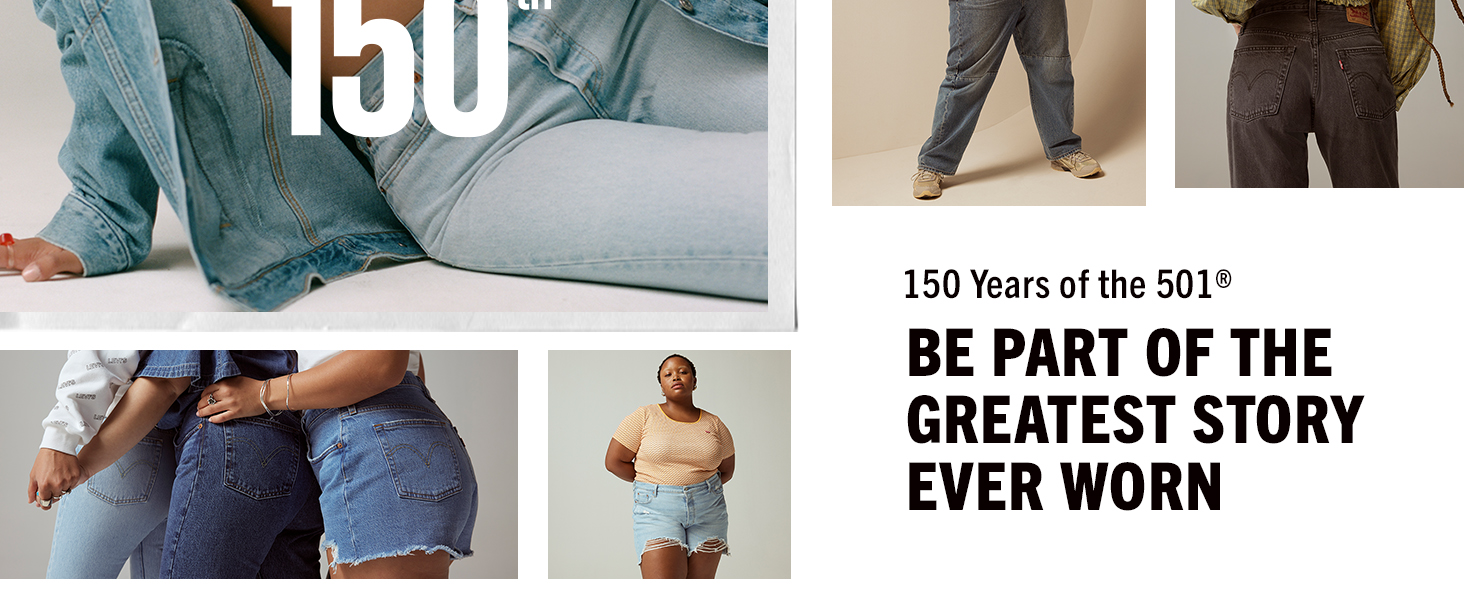 Collage of diverse women wearing Levi's jeans and shorts