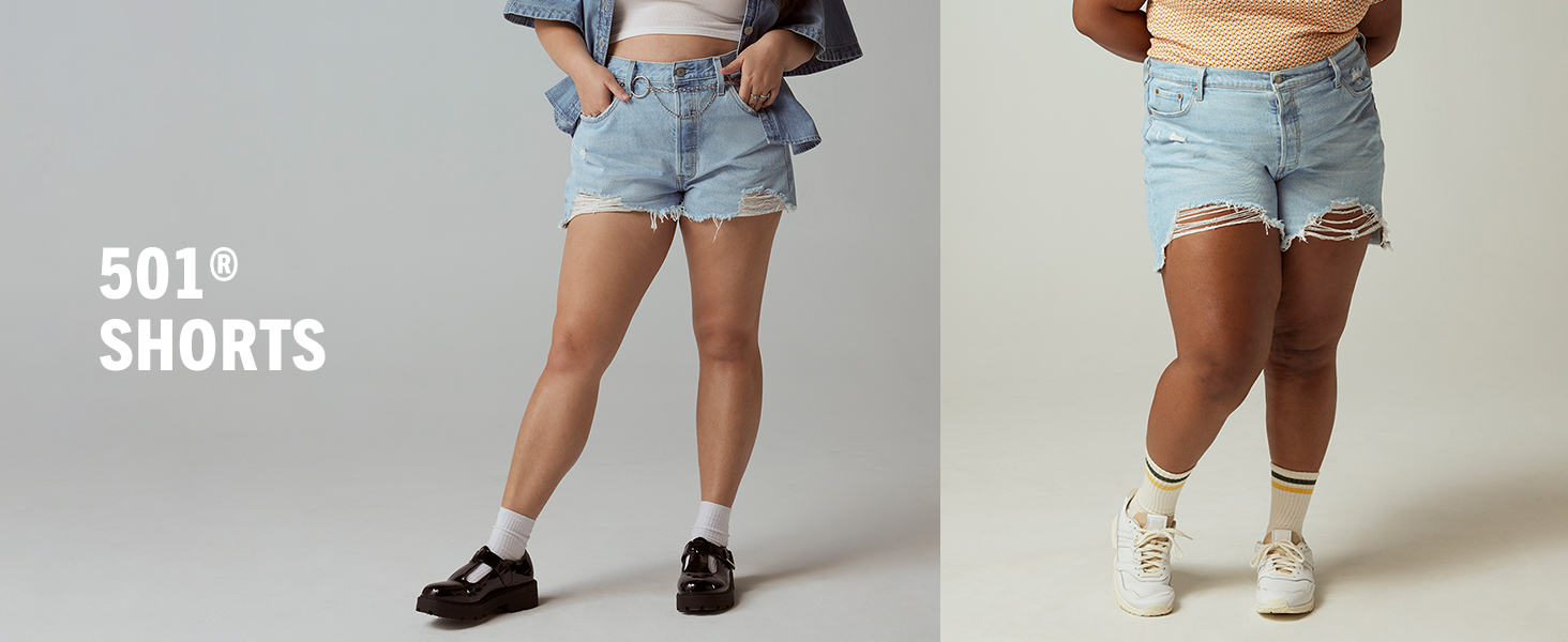 levi's 501 shorts shown on regular and plus size models