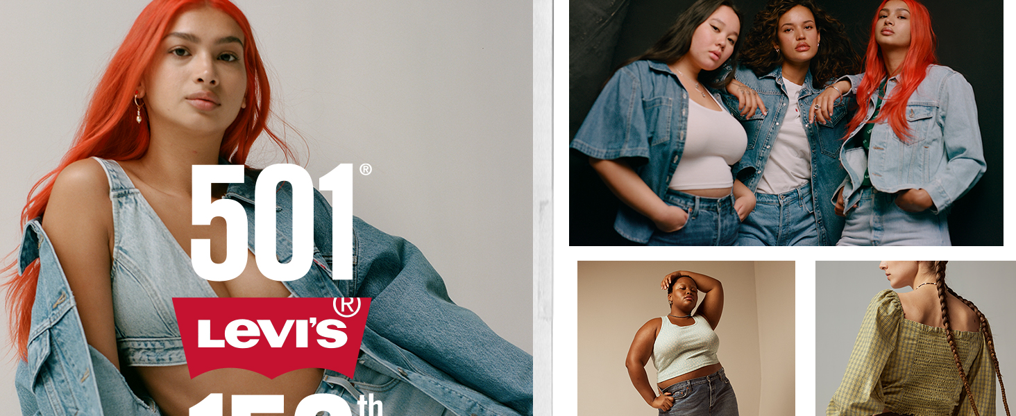 Collage of diverse women wearing Levi's denim tops and jeans